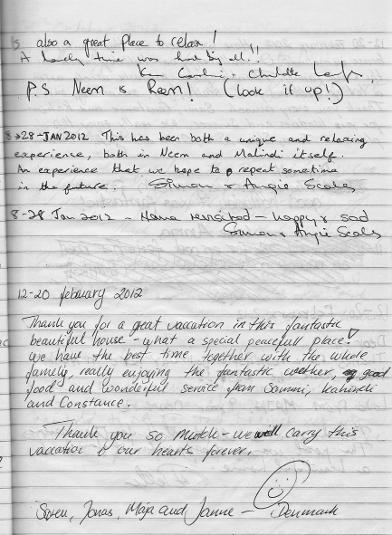 Guest book testimonials. Neem House, accommodation Malindi, Kenya